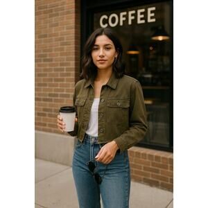 Brixton Olive Green Cropped Utility Jacket Button Front Frayed Hem Large